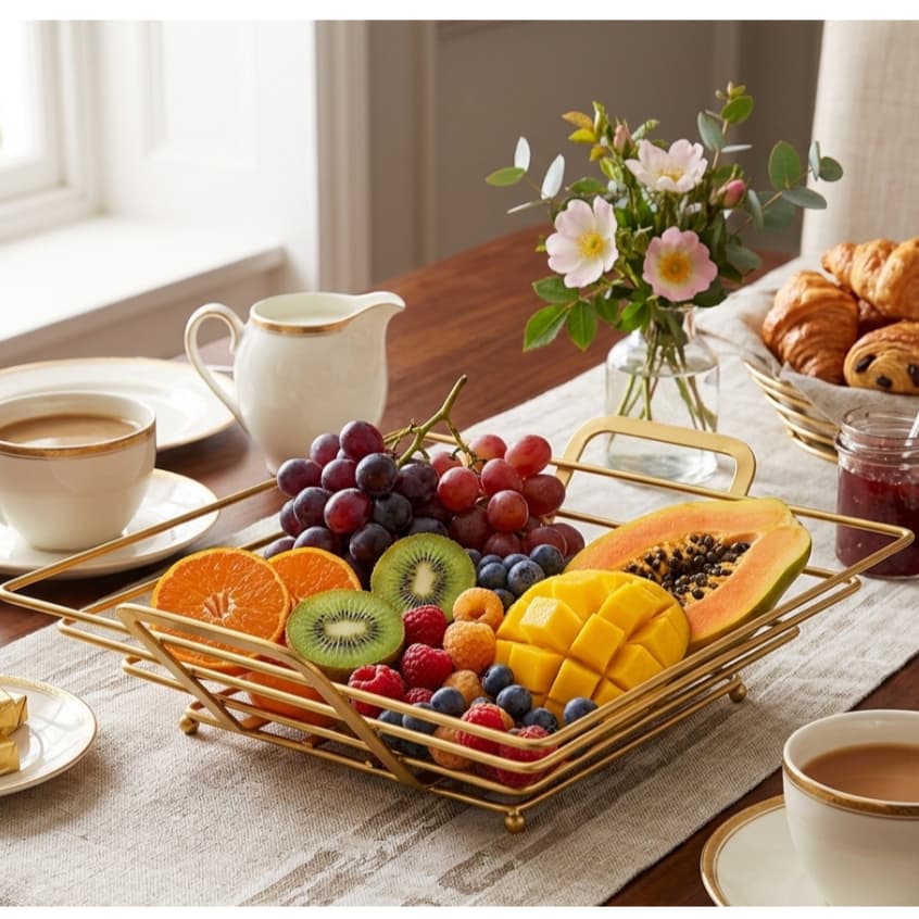 Fruteira de Mesa Quadrada Dourada Decorativa para Cozinha e Sala, Organizador de Frutas e Pães