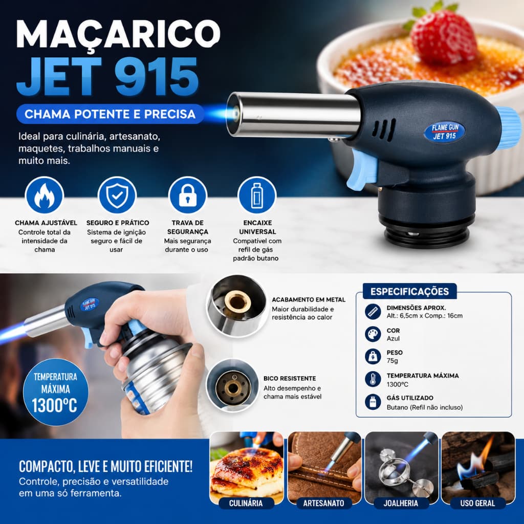 Maçarico Culinário Profissional Recarregável com Controle Manual de Chama Ideal para Doces, Carnes e Drinks
