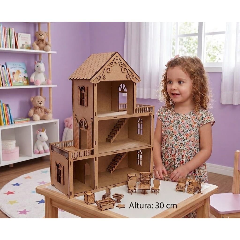 Casinha de mdf 30 centímetros com 20 mini moveis