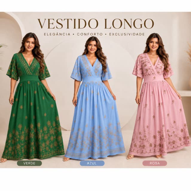 Vestido  moda evangelica Feminino Bordado Elegante Estiloso  Lindo Tendência 2026 -Entrega  RÁPIDO
