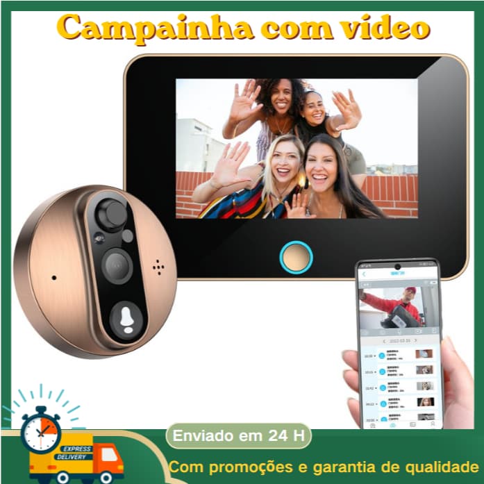 3 em 1 1080P Campainha Vídeo Com Câmera Sem Fio Doméstica Com Campainha Campainha com Tela 4.3" e Sensor de Movimento 5m