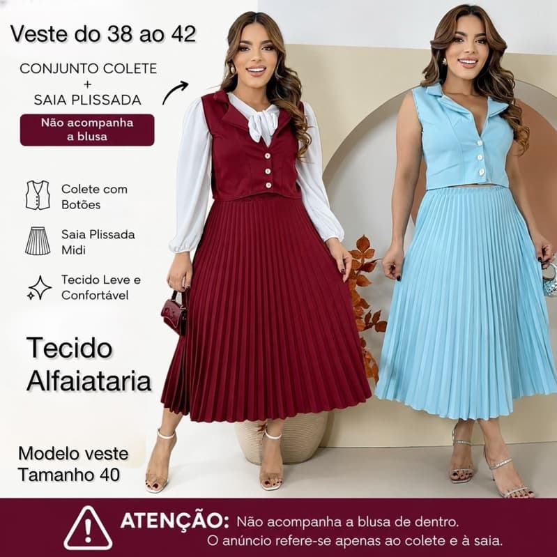 Conjunto Feminino Colete Alfaiataria com Saia Plissada Midi Elegante(não acompanha a blusa de dentro)
