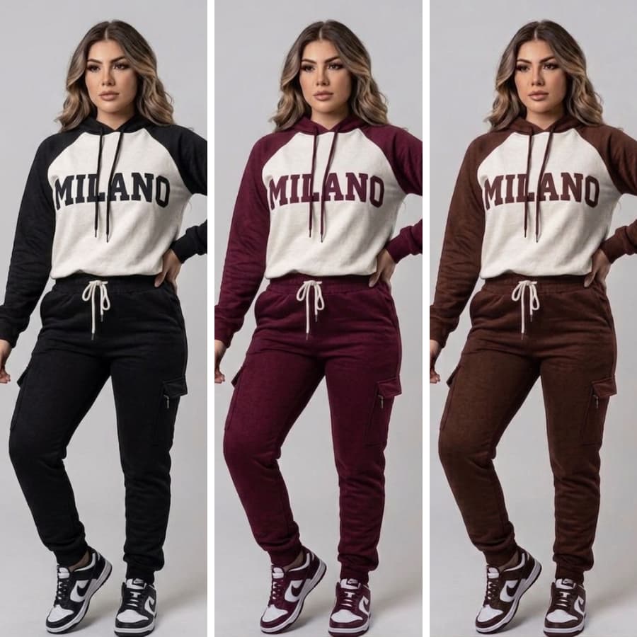 Conjunto Feminino de Moletom Flanelado - Casaco com Capuz e Calça com Bolso Lateral
