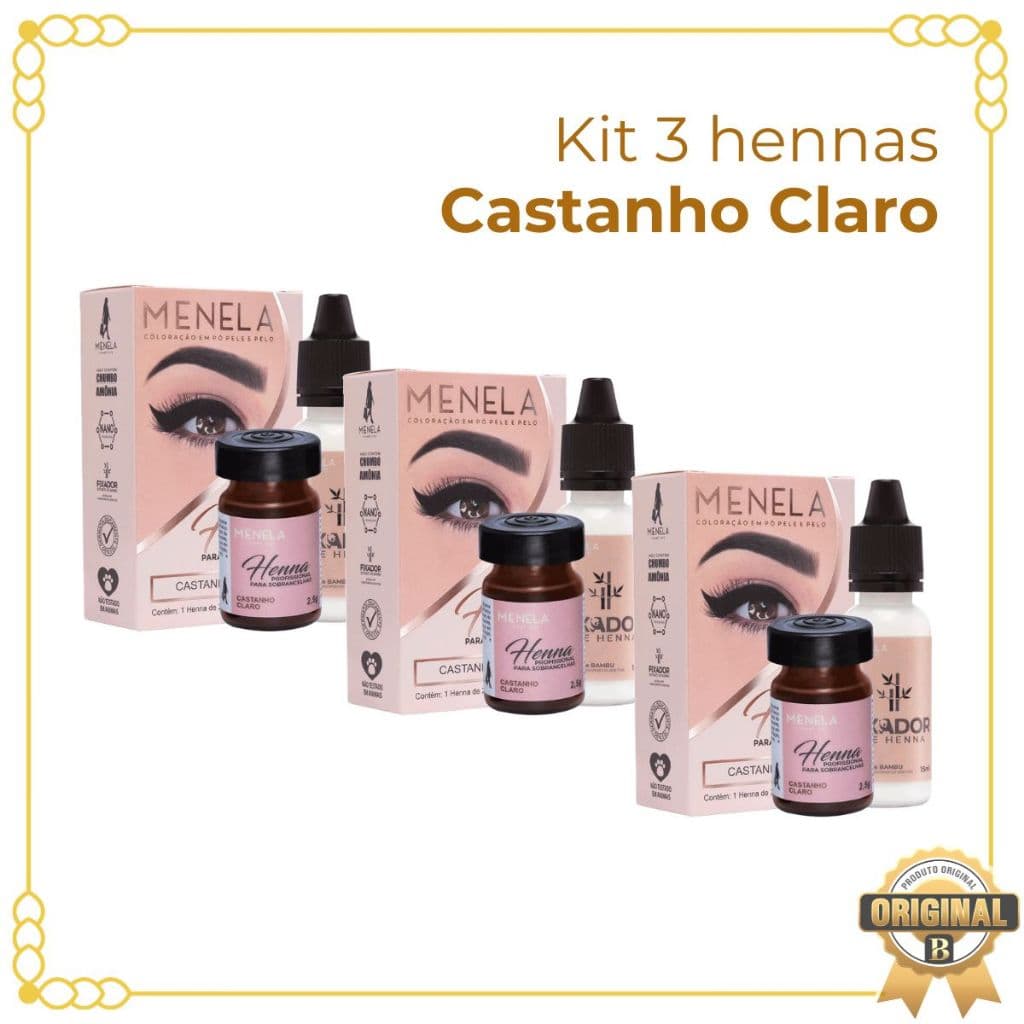 Kit 3 Hennas Castanho Claro Para Design De Sobrancelhas Menela