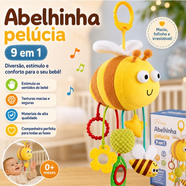 Brinquedo Mobile Abelhinha Pelúcia 9 em 1 Estímulo Sensorial Crianças e Bebês