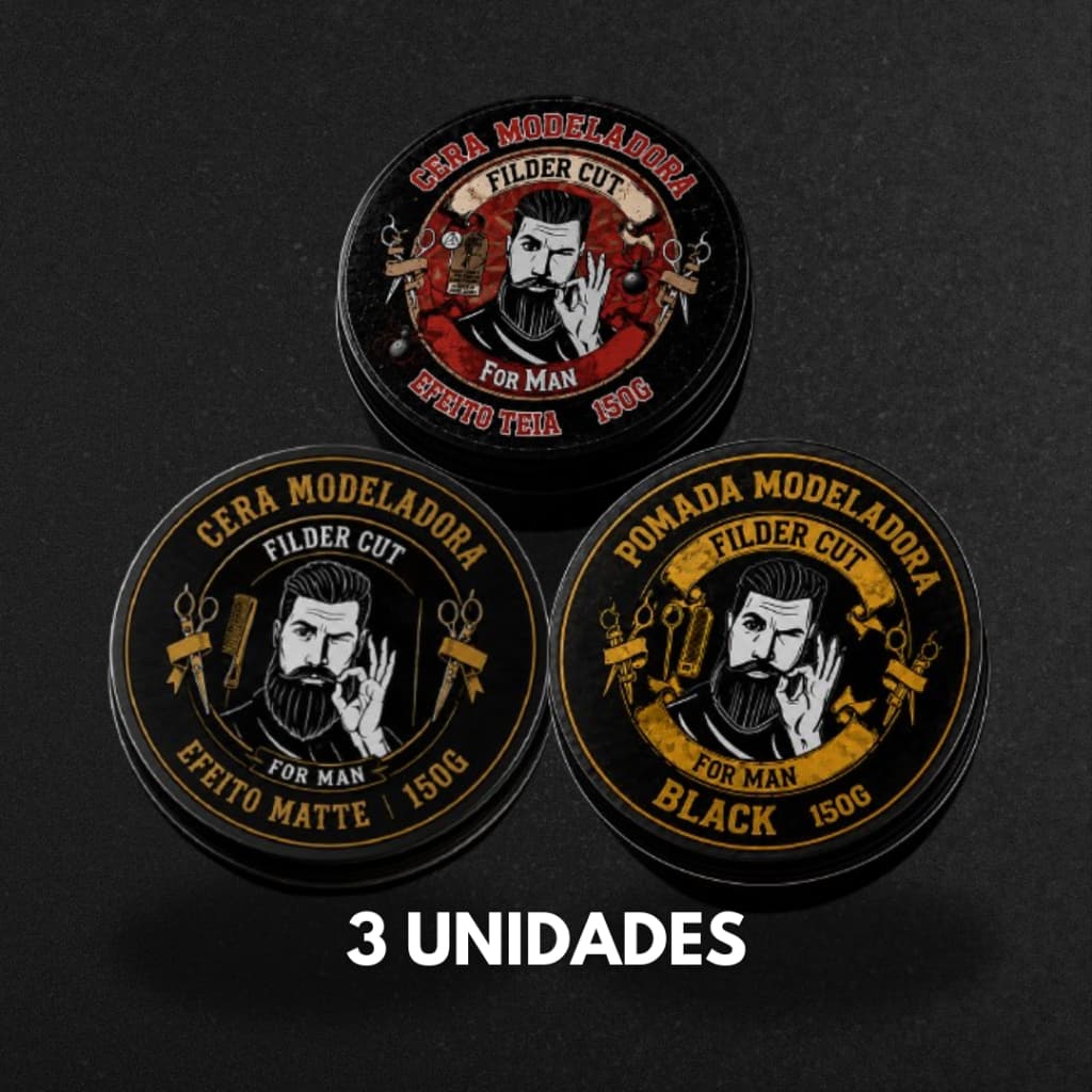 Kit Pomadas Filder Cut 3x150g | Alta Fixação | Pomada Modeladora Masculina | Efeito Matte Teia Black