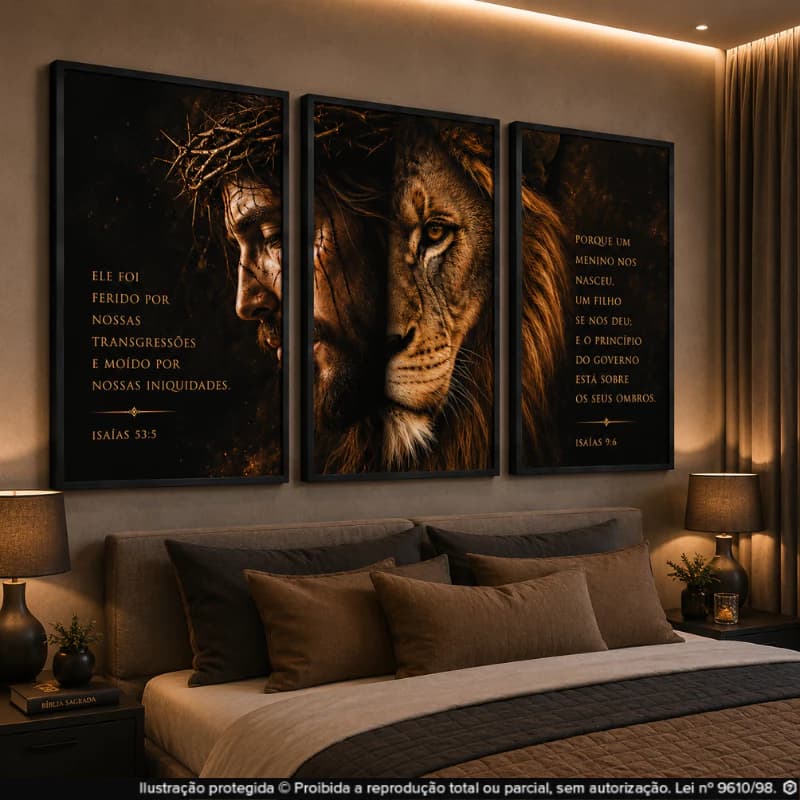 Quadros 3 Peças Decorativos Leão de Judá e Jesus Versículo Isaías Salmos Para Sala Quarto Escritório