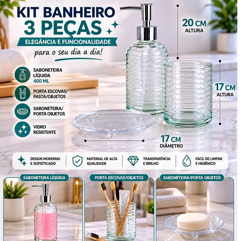 DISPENSER LAVABO BANHEIRO SABONETEIRA VIDRO INCOLOR 3 PÇS SABONETE LIQUIDO FRASCOS  PORTA ESCOVA KIT