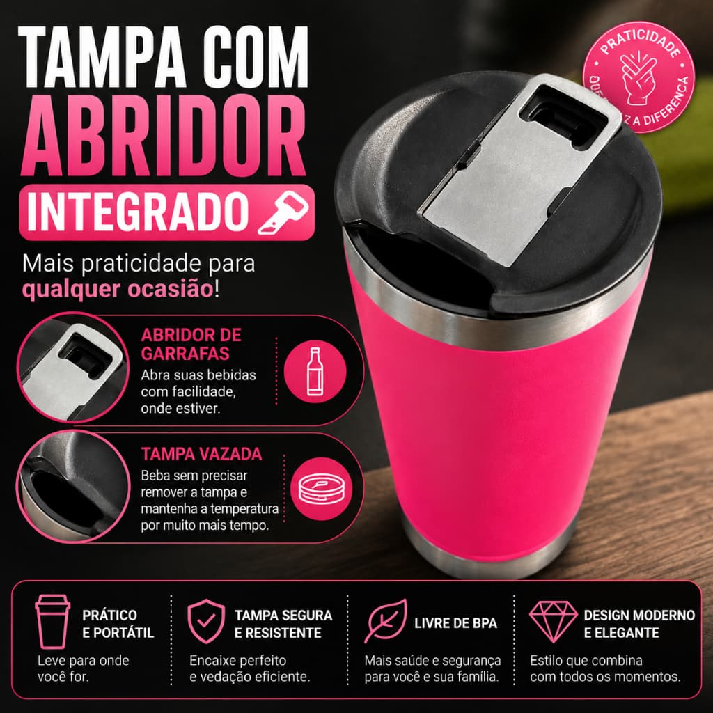 Normal - Copo Térmico Inox com TAMPA e ABRIDOR (473 ml) - Pink