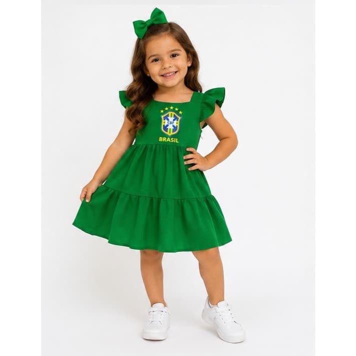 Vestido Infantil copa brasil jogos casual verde amarelo azul menina bebê criança time brasil copa do mondo