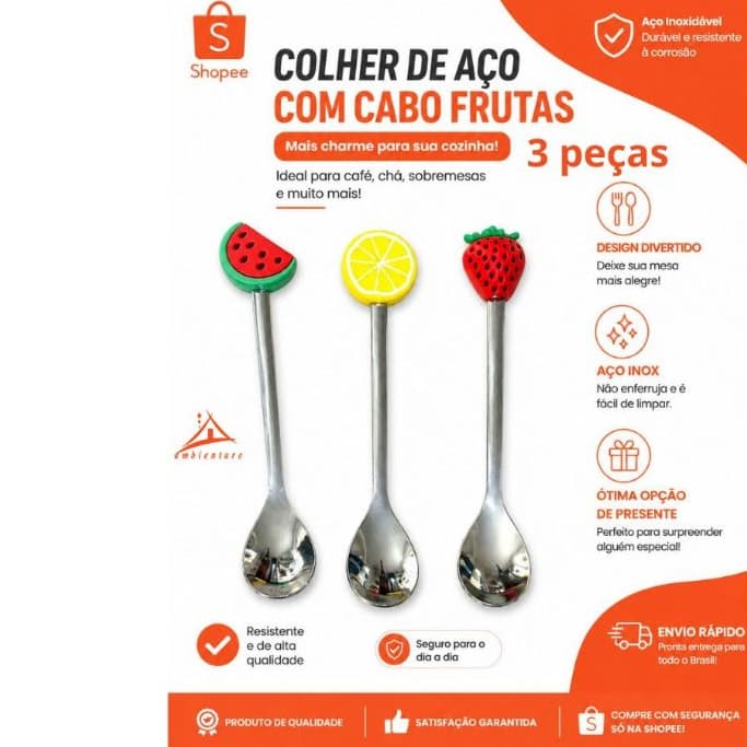 conjunto 3 colheres ou 3 garfos inox para petiscos frutas sobremesa cabo silicone mesa posta 3 peças envio rápido