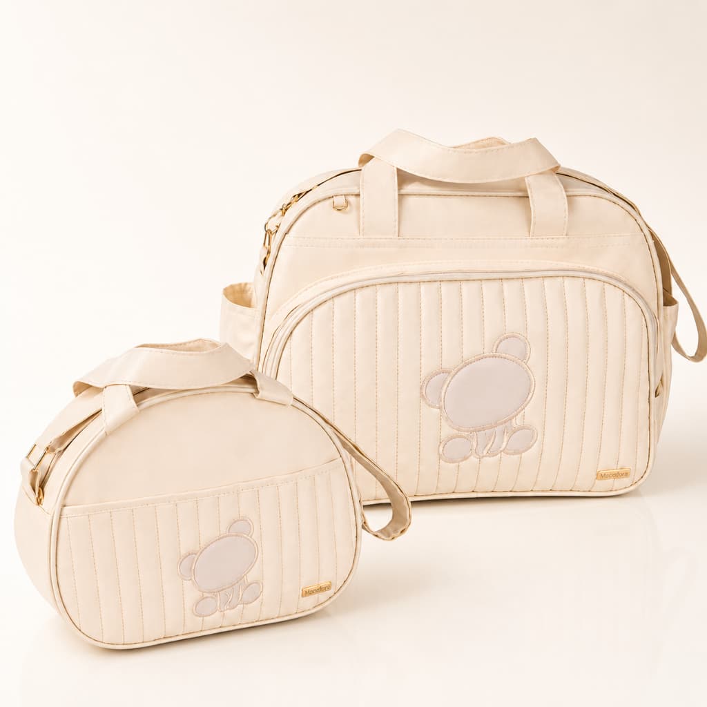 Kit Bolsas Maternidade 2 peças Bolsa Grande e Frasqueira Bege com Urso Bordado Bege