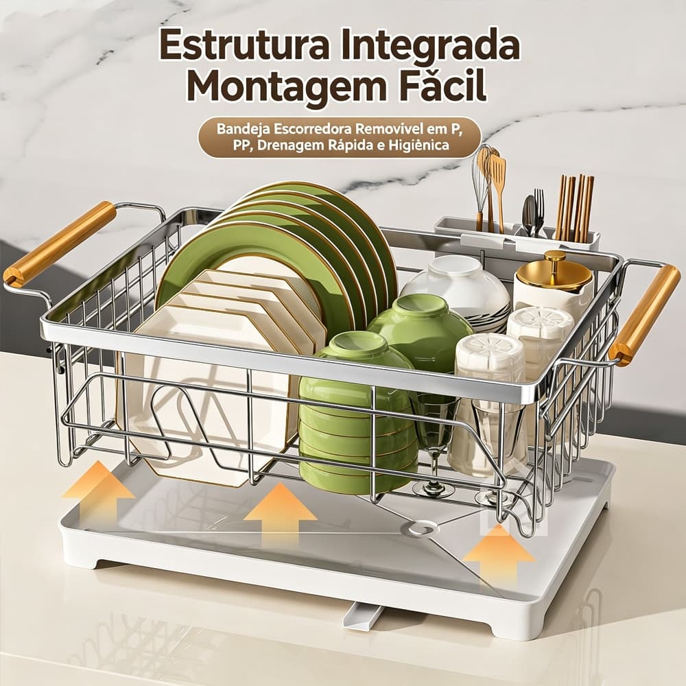 Escorredor de Louça em Aço Inoxidável 304, Removível, com Bandeja Escorredora para Cozinha
