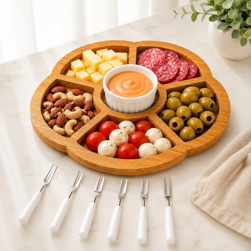 Petisqueira Kit Bambo 6 Garfinhos Ramekin Molheira Tábua Frios Queijos Aperitivos