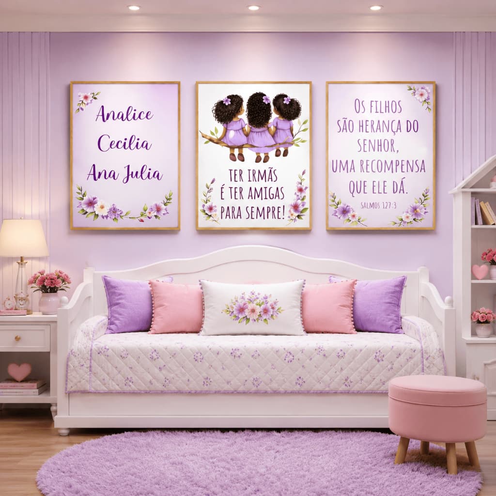Quadro decorativo 3 peças Três Irmãs personalizado com nome decoração quarto infantil meninas