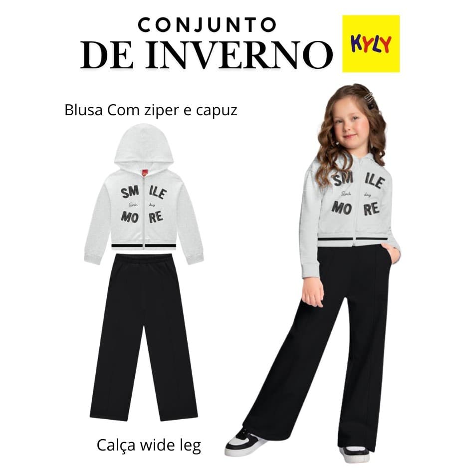 Conjunto Infantil Menina Lettering Kyly,blusa com capuz ziper e calça em moletom wide leg ref1001567
