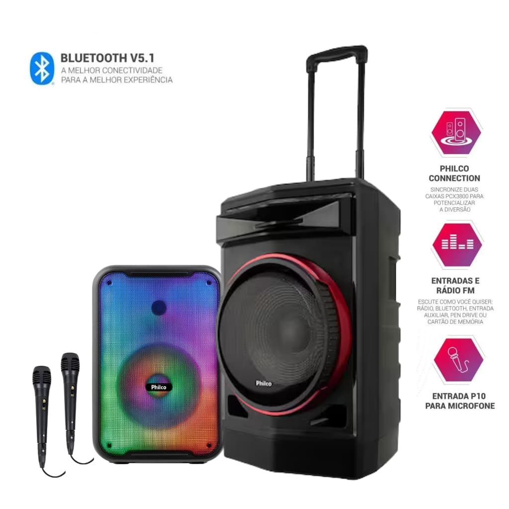 Caixa de Som Amplificada Philco PCX3800 250w / PCX7100 750w Bluetooth Karaokê + 2 Microfones Com Fio Potente Festa