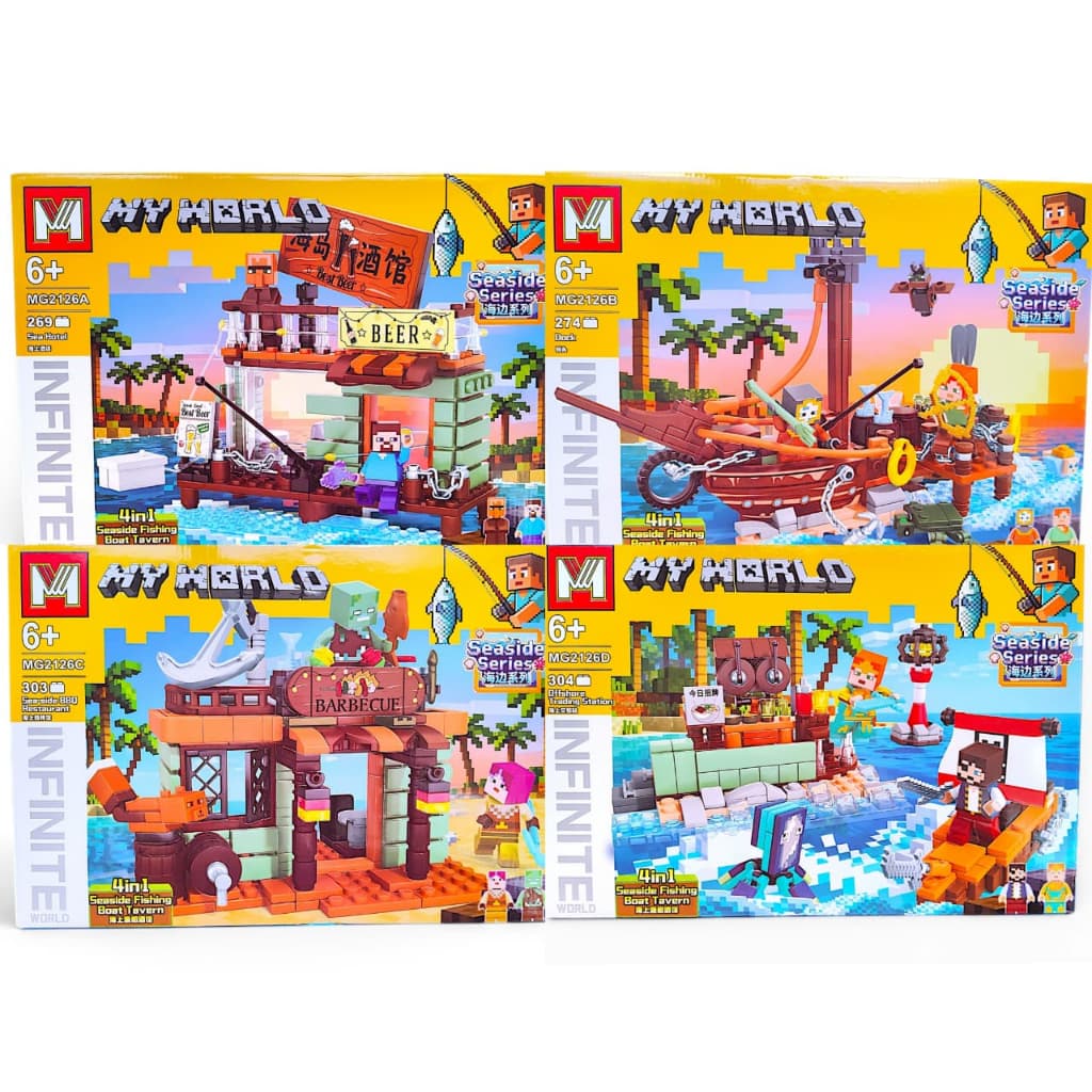 Kit Blocos de Montar Mine World 300+ Pcs Navio Pirata 4 em 1