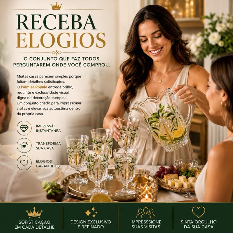 Jogo 6 Taças com Jarra de Vidro Palmier Royale 1,5L Luxo Mesa Posta Elegante Premium Decorativo