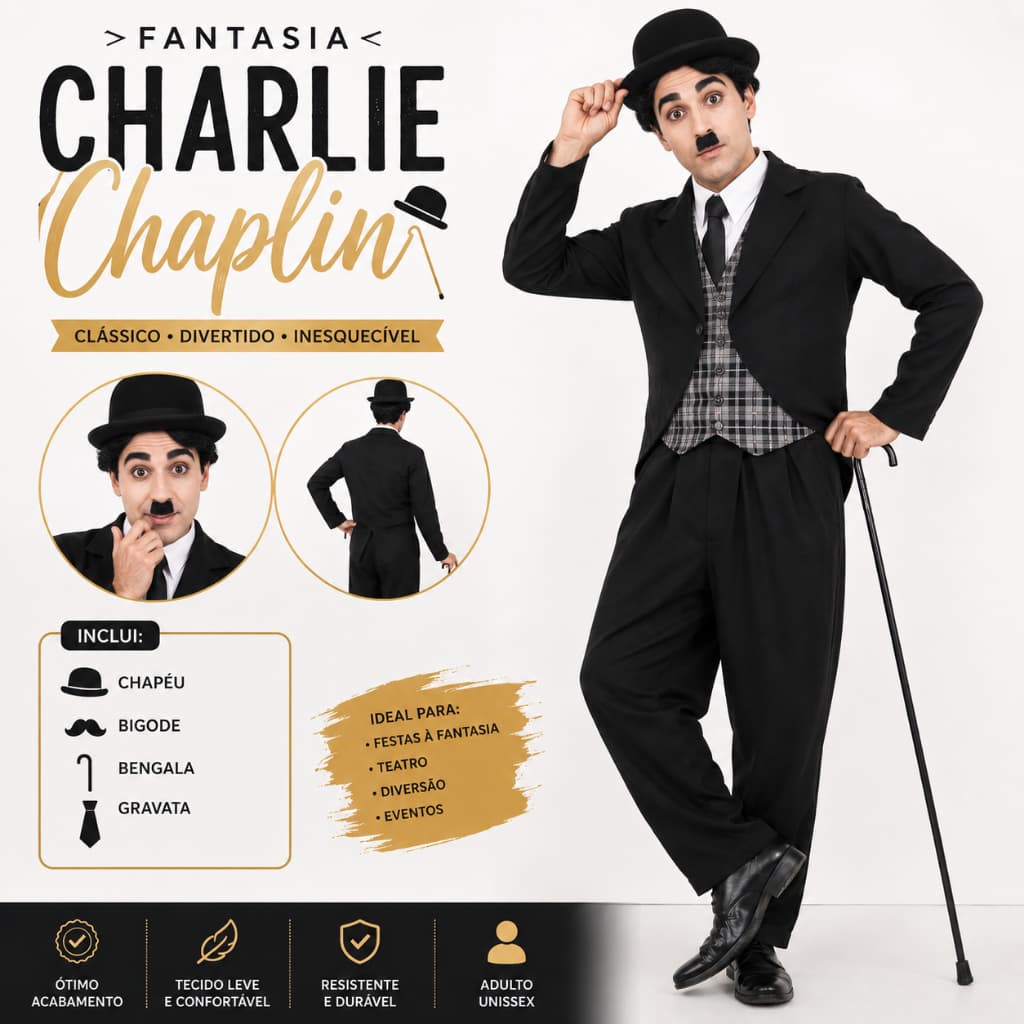 Fantasia Charlie Chaplin Chapéu Coco Bengala Gravata Bigode Mágico Mimico Cosplay Personagem Halloween Festa Teatro