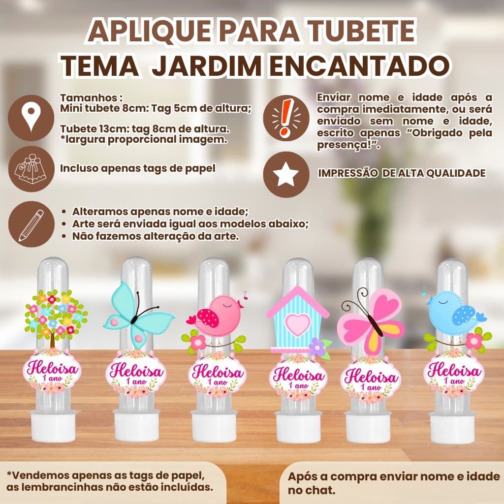 Apliques para Mini Tubete 8cm ou Tubete 13cm 3d  Tema jardim encantado | Tag Personalizado com Nome e Idade