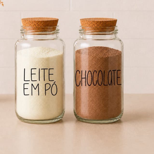 Kit 2 Potes de Vidro 810ml com Tampa Cortiça | Cantinho do Café | Leite em Pó e Chocolate