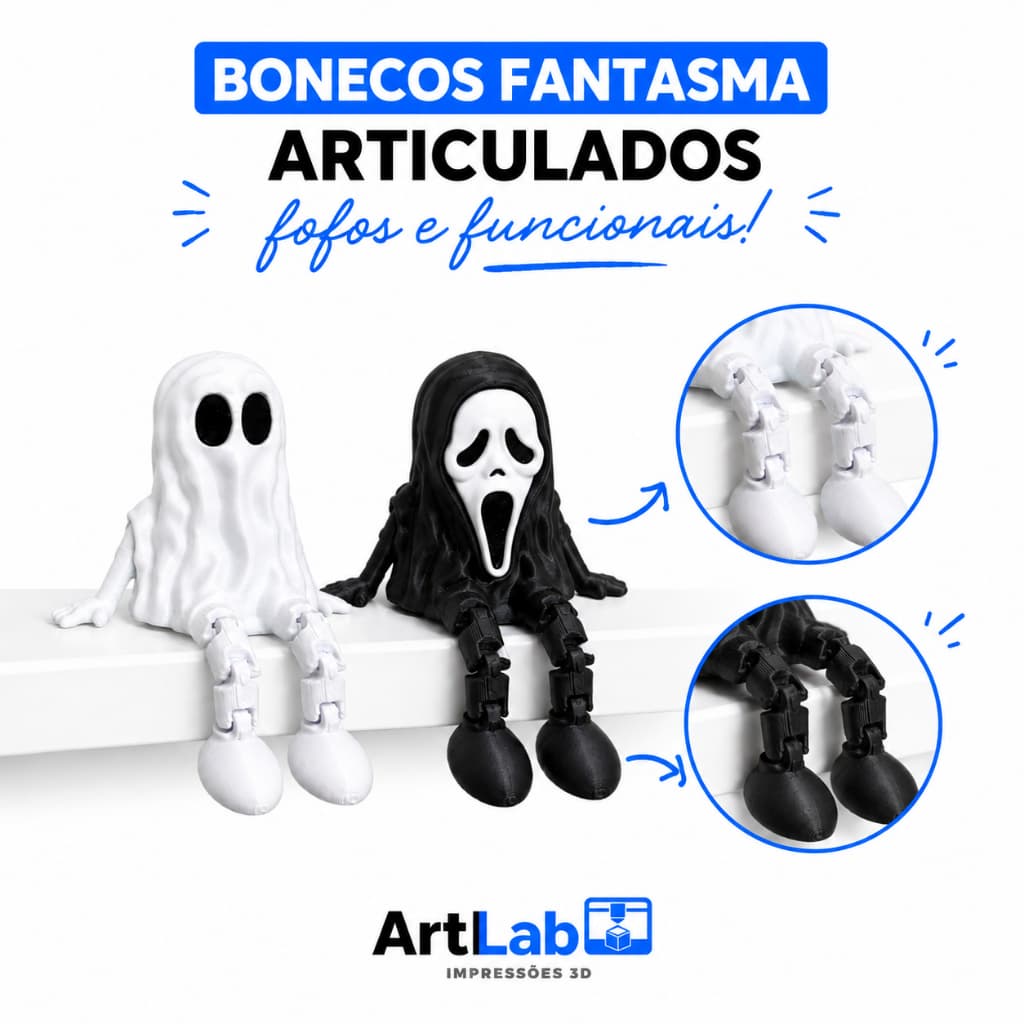Fantasminha e Ghost Face Articulado Preto ou Branco para Decoração Setup Geek Gamer