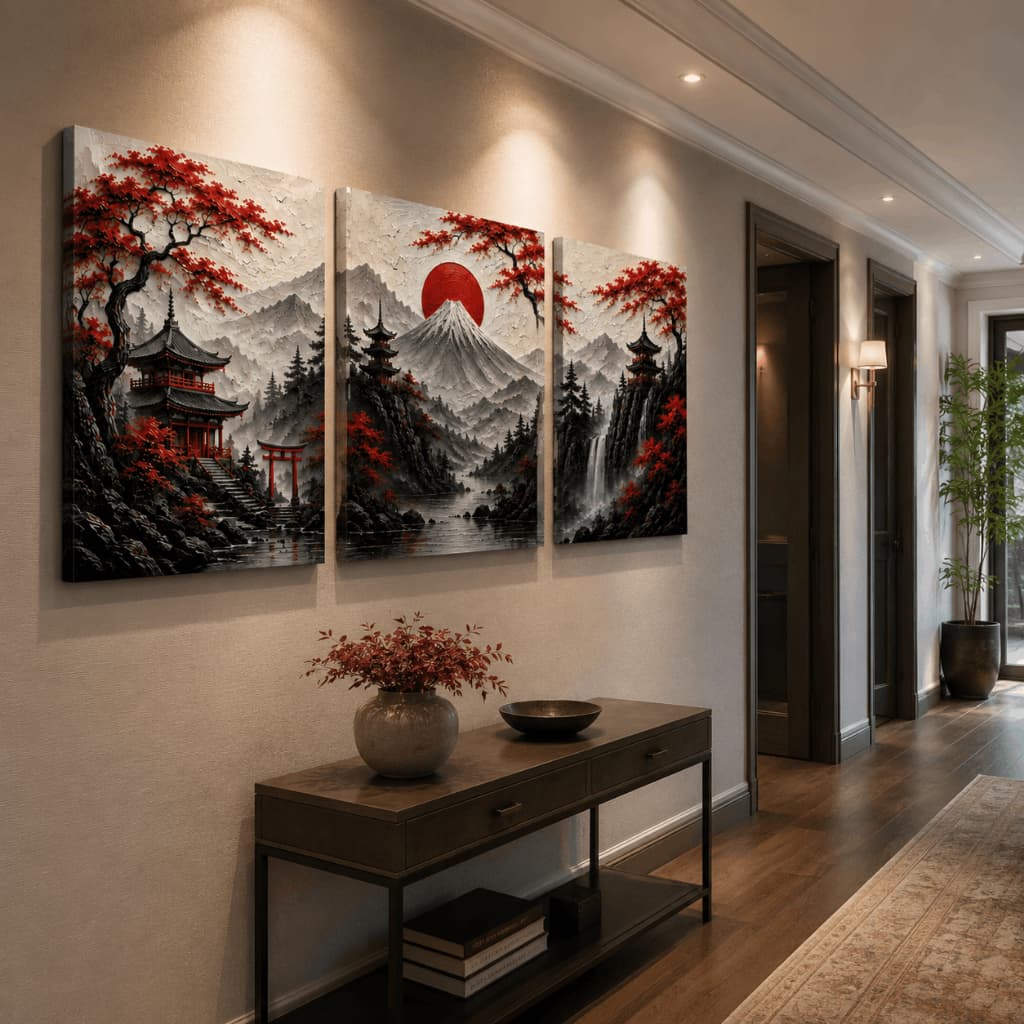 Kit 3 Quadros Decorativos Paisagem Japonesa Monte Fuji Sol Vermelho Sala MDF