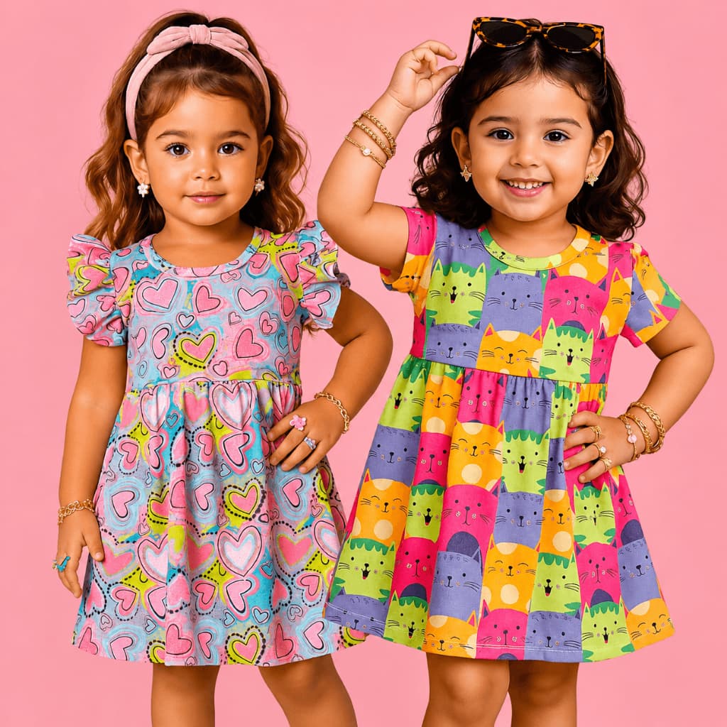 Vestido Infantil Menina | Estampado Coração e Gatinho |  Vestido Infantil Confortável do 1 ao 10