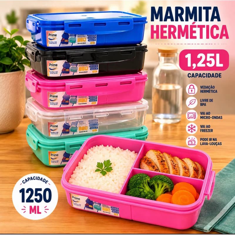 Marmita/Lancheira com 3 divisorias /hermeticas/ Prime/1250ml