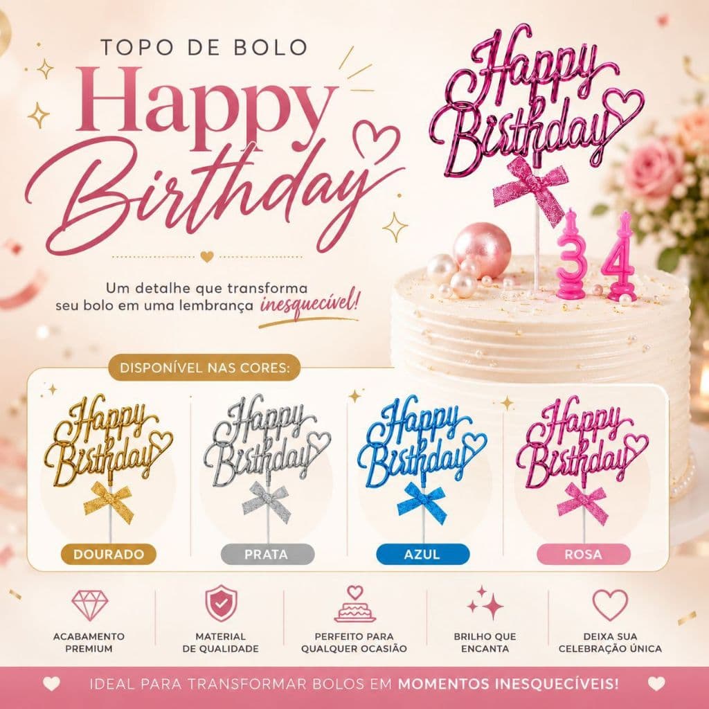 Enfeite Topo De Bolo Happy Birthday Cores Coração Luxo