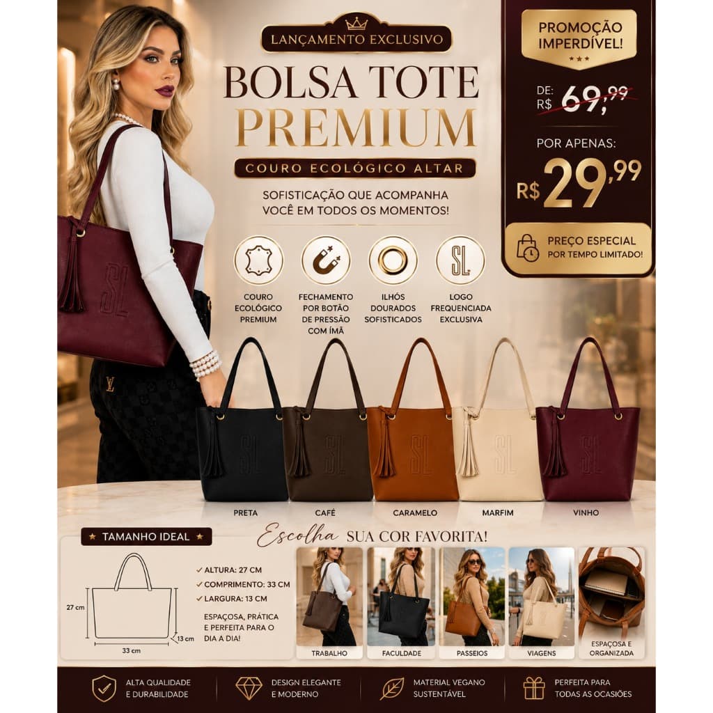 Bolsa Feminina Couro Ecológico Premium Grande 33cm Ombro Casual Elegante Fashion