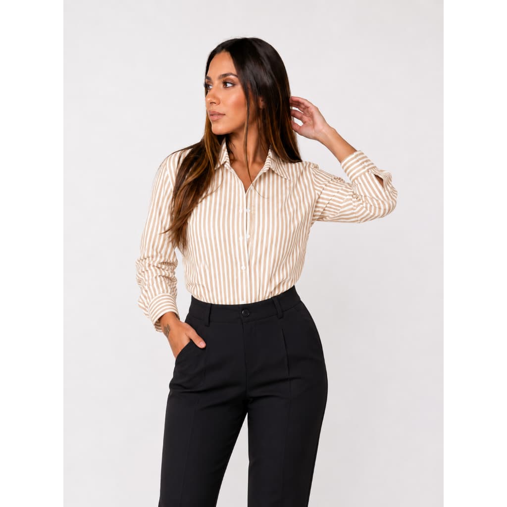 Camisa Feminina Social Listrada Manga Longa Elegante Botões Frontais Moda Casual Executiva Look Trabalho