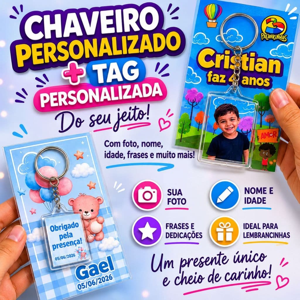 Chaveiro+Card Personalizados Lembrancinhas – TODOS OS TEMAS- Lembrancinhas