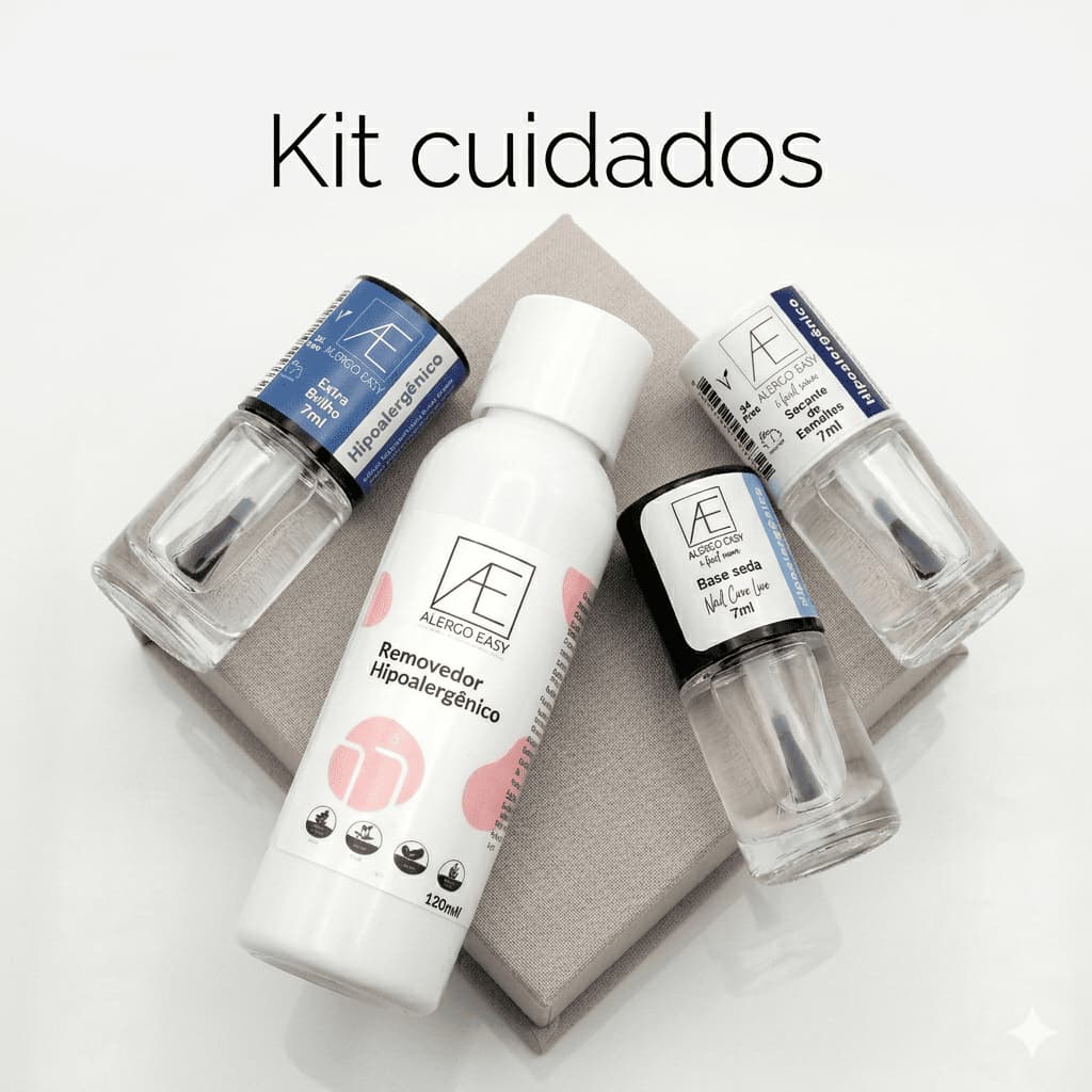 Kit Cuidados Alergo Easy Esmaltes Hipoalergênicos Secante+Extra Brilho+Base Seda+Removedor