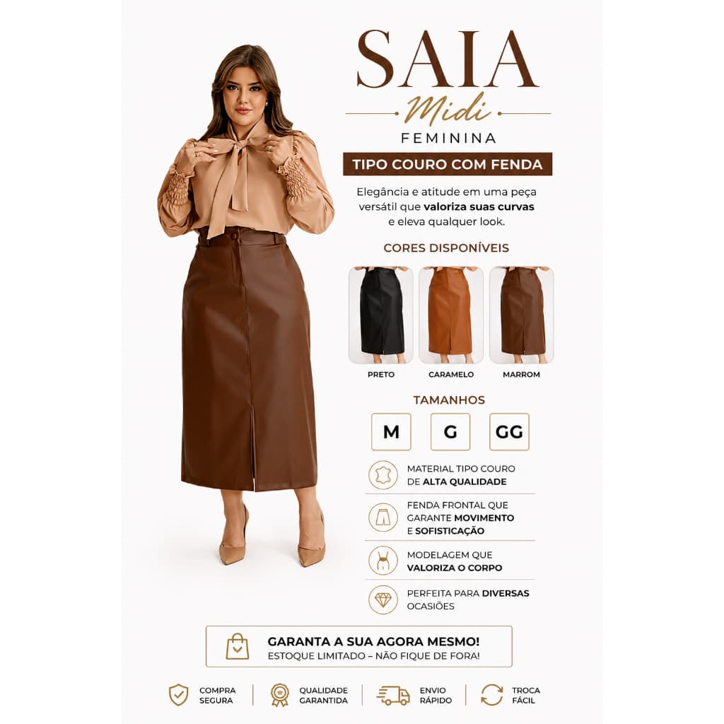 Saia Midi Courino Feminina Cintura Alta Zíper Frontal Bolso Lateral Social Elegante M G GG