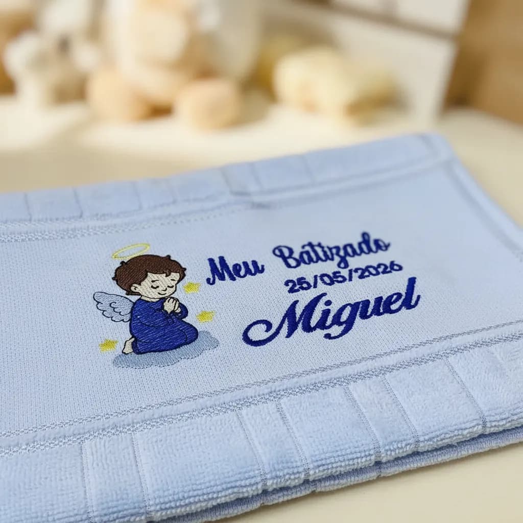 Toalha Toalhinha Infantil Bordada Com Anjinho Para Batismo Batizado Personalizada Com Nome e data