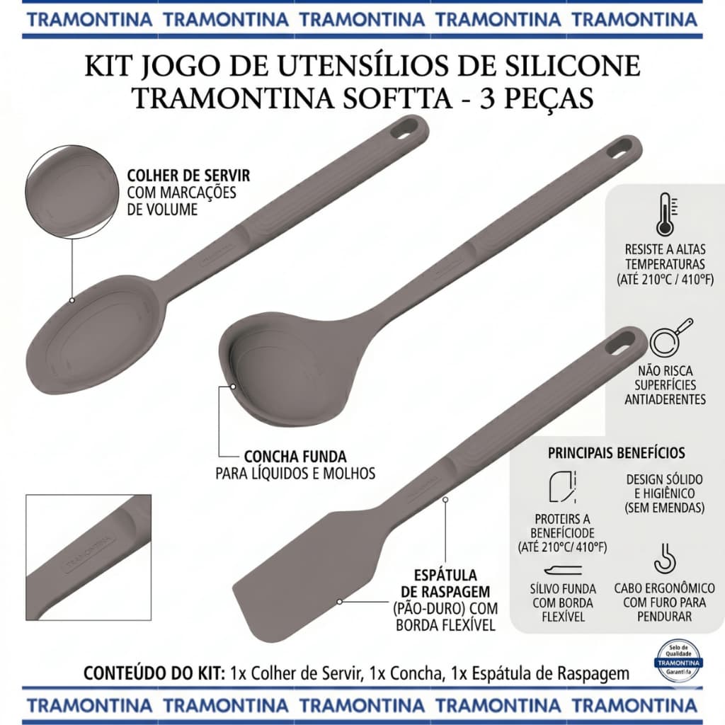 Kit Jogo Utensílios De Silicone Tramontina Softta Concha Colher Espátula 3 Pçs