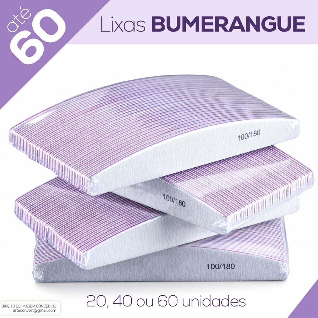 Kit 20 / 40 / 60 Lixas Bumerangue 100/180 Polidora Lavável Manicure Profissional p/ Unhas de Gel