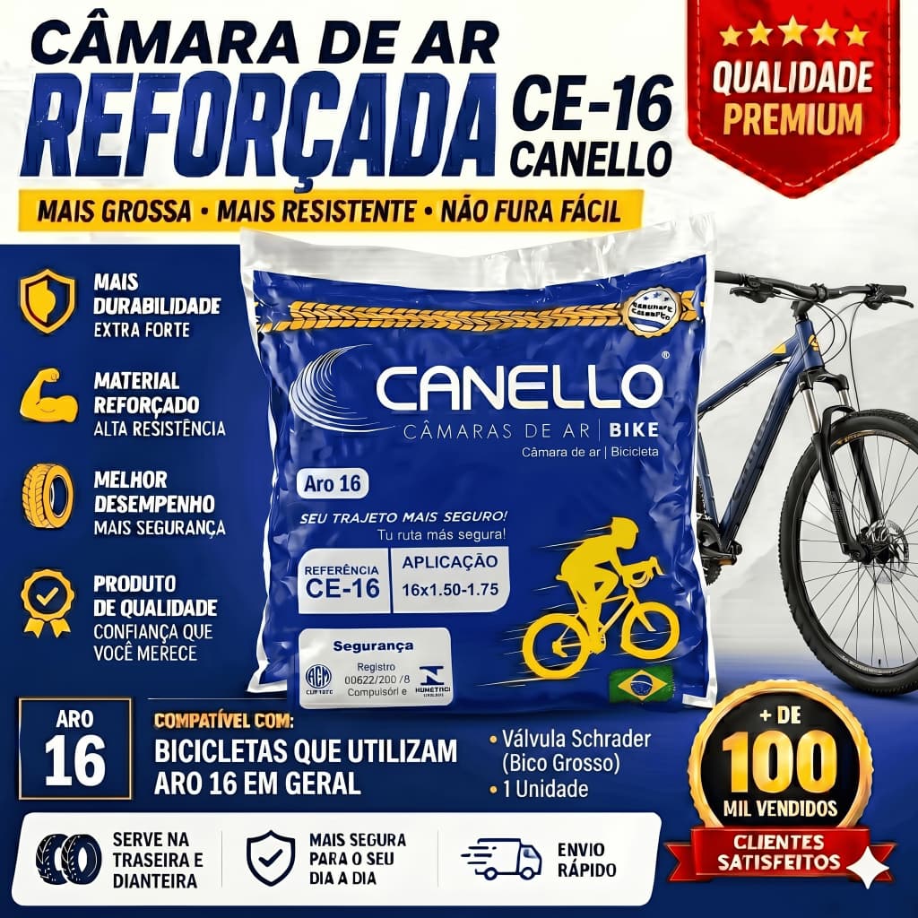 Câmara de Ar Bike Aro 16 Bicicleta Válvula Schrader | CE 16 | Canello
