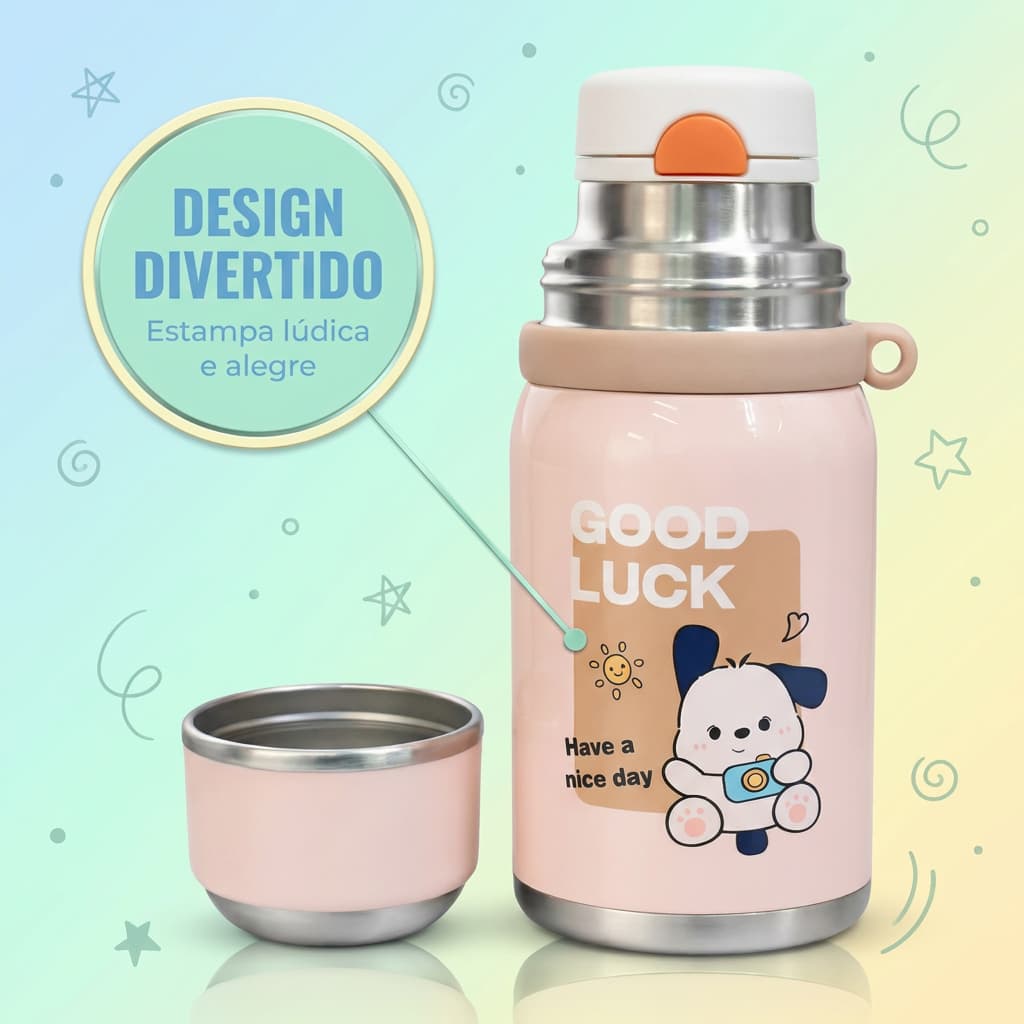 Garrafa De Água Inox Para Menina Sem Vazamento 600 ml Design Divertido Garrafinha Térmica Estampada Escola Passeio
