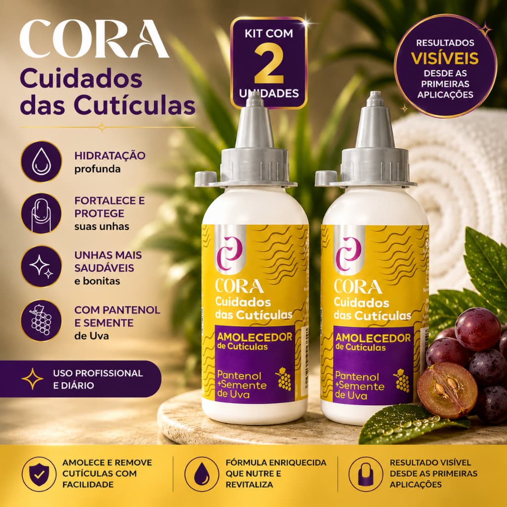 Kit 2 Amolecedor Cutícula Pantenol Semente De Uva-Facilita Remoção Hidrata Cuticulas Macias Cora