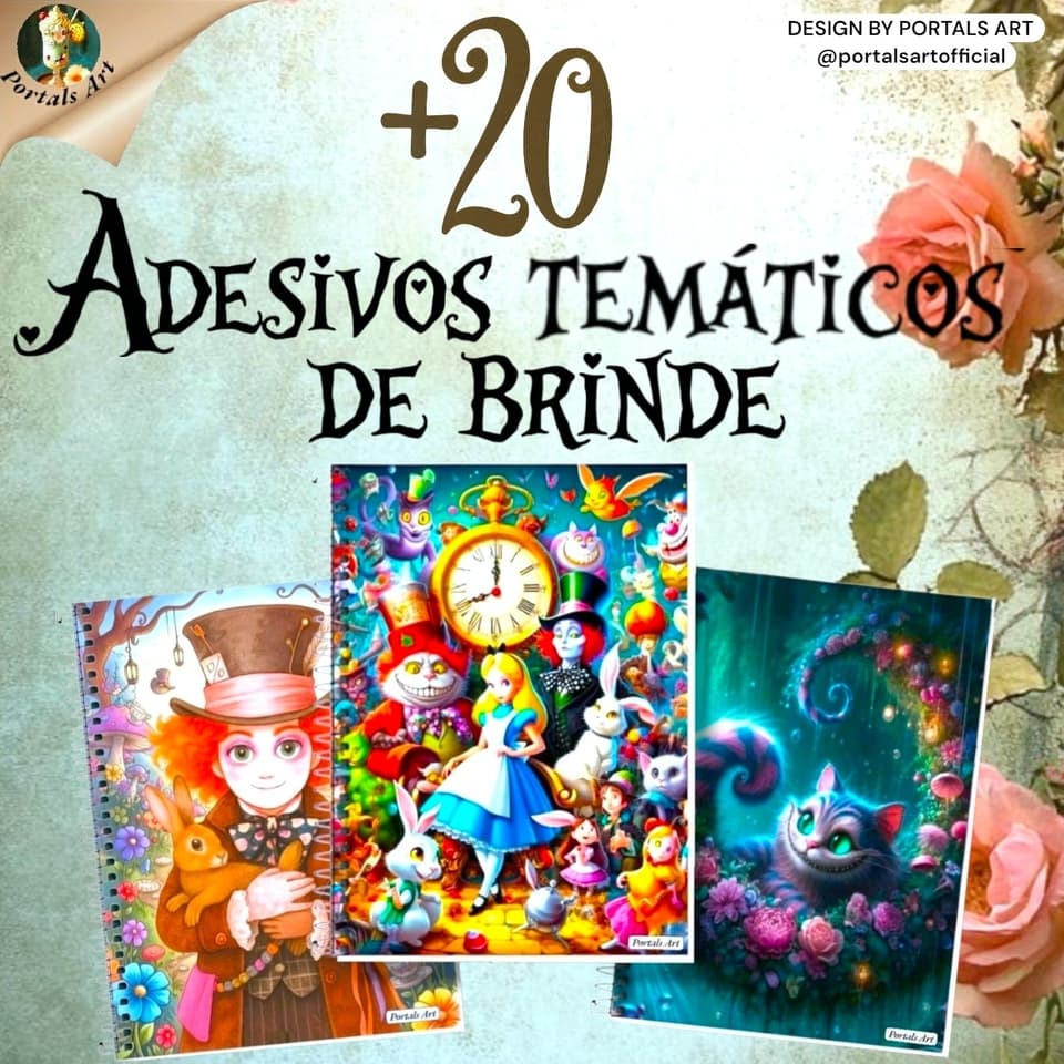 Caderno A4 Alice+20 figurinhas adesivas temáticas de brinde