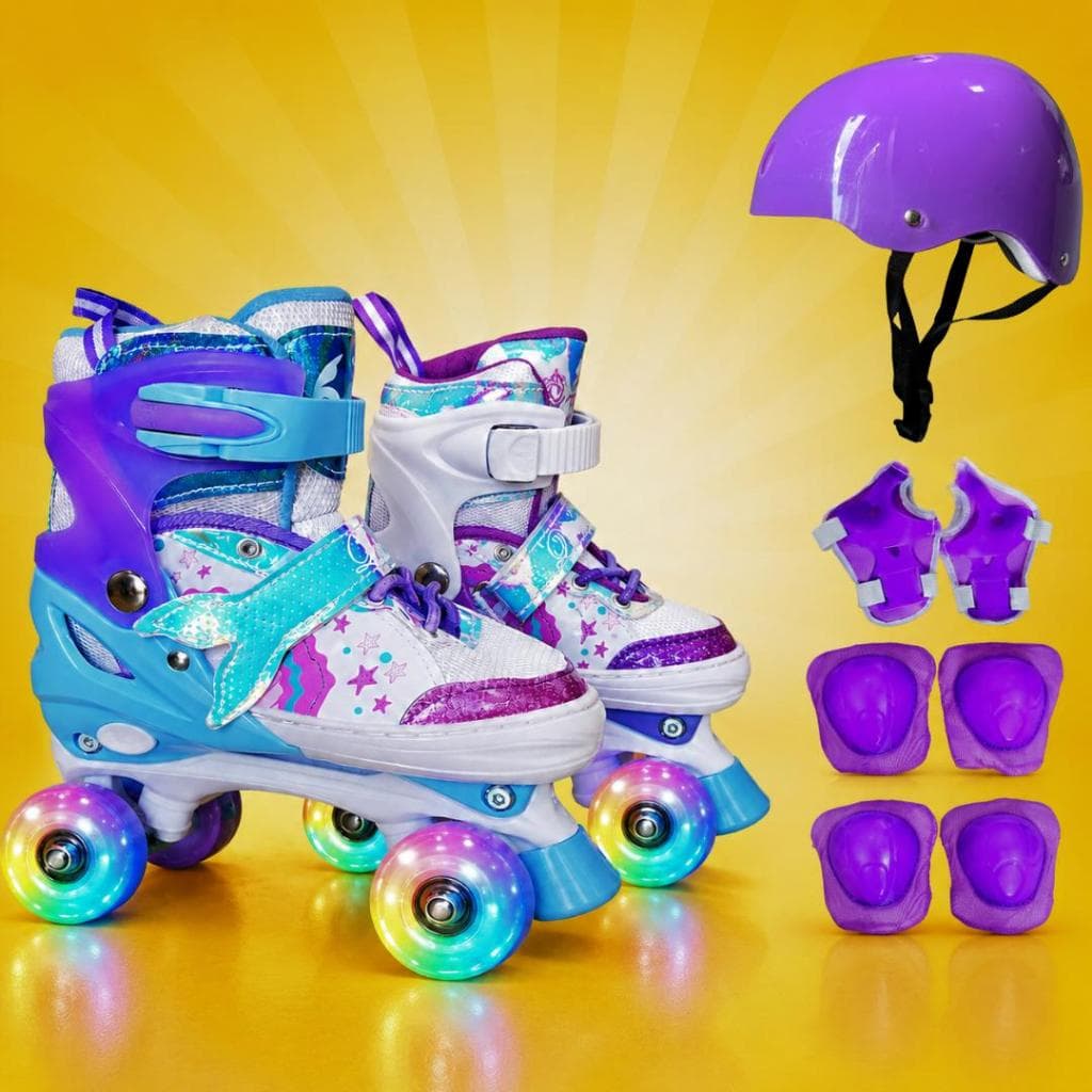 Patins Quad Sereia 4 Rodas Infantil Ajustavel Regulavel Com Rodinhas de Led + Bolsa + KIT DE PROTEÇÃO COMPLETO