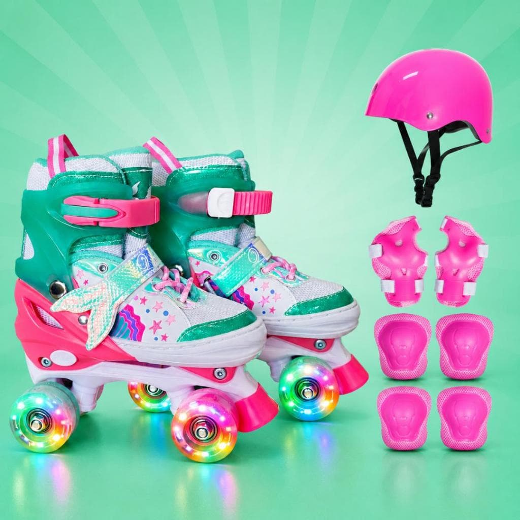 Patins Sereia Quad 4 Rodas Infantil Ajustavel Regulavel Com Rodinhas de Led + Bolsa + KIT DE PROTEÇÃO COMPLETO