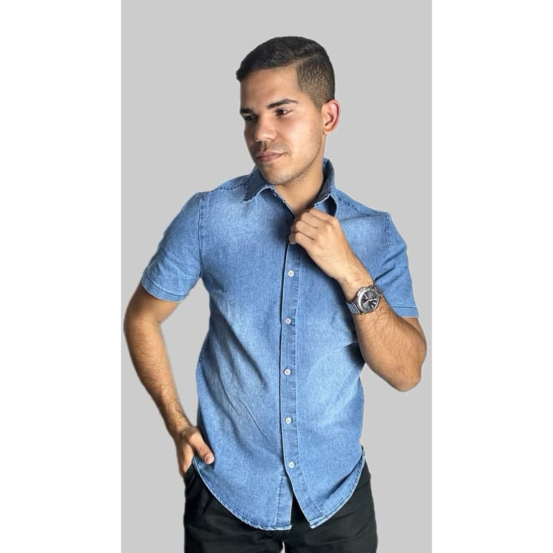 camisa jeans manga curta