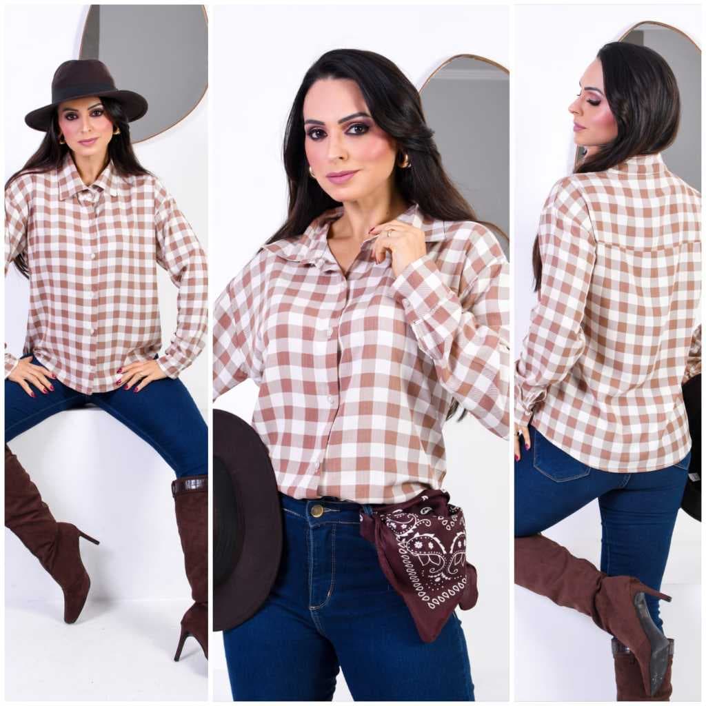 Camisa Feminina Xadrez Elegante Social Manga Longa Blusa Casual Chic**