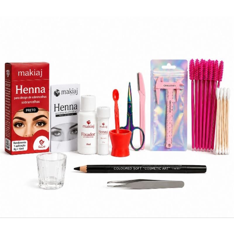 Kit Sobrancelha Profissional Completo Henna Pinça Navalha Escovinhas Tesoura Design