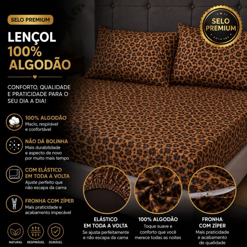 Lençol cama casal estampa onça 100% algodão 3 peças