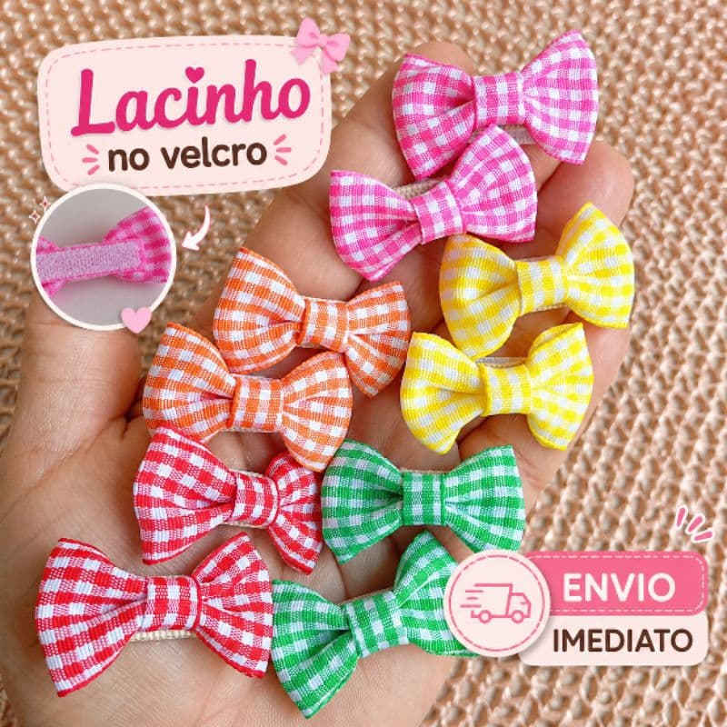 Laço infantil Xadrez para bebê menina  recém nascido Lacinho Pouco cabelo junino velcro antideslizante